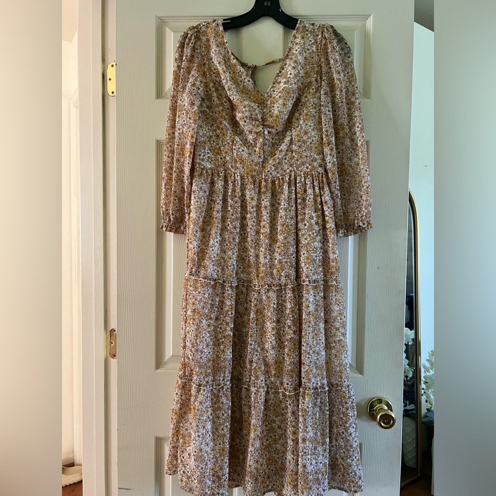 Sincerely Jules Midi Dress Women’s Size M Tiered yellow Floral Prairie Boho